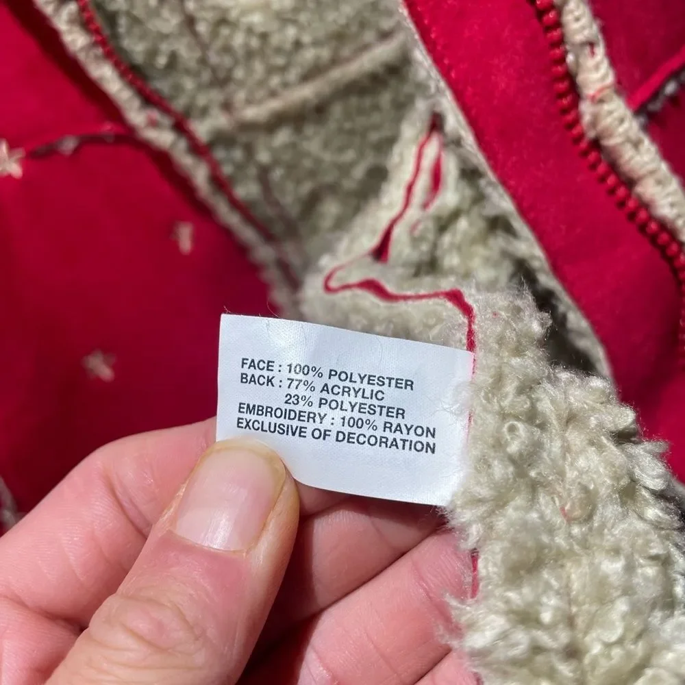 Gap Kids Coat Girls 10 Sherpa Lined Red Embroidered Bohemian Boho Floral Hooded
